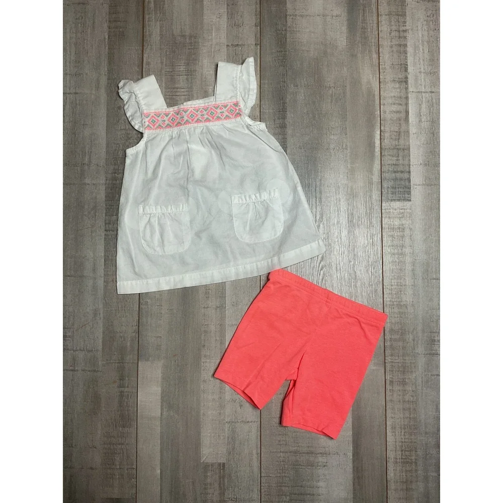 Carters Baby Girl 12M White Embroidered Flutter Tunic and Coral Shorts Set